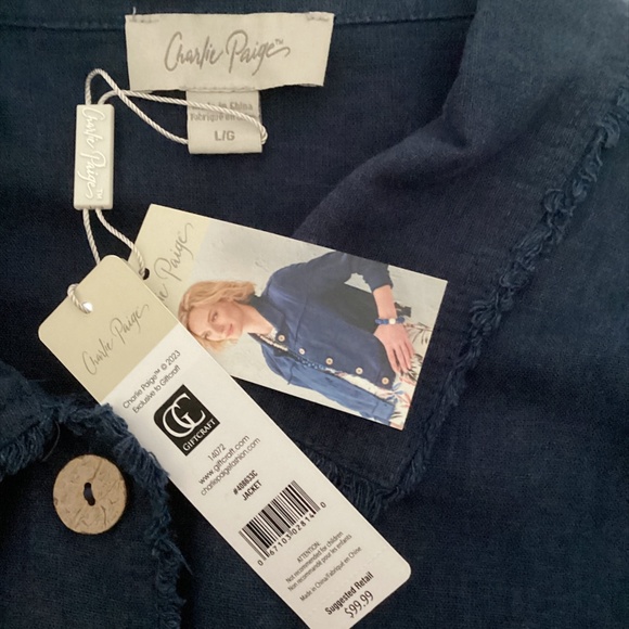 Charlie Paige Raw Edge Linen Bomber Jacket, Navy, Large - Picture 7 of 8